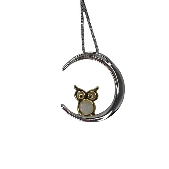Opal Owl Sitting in Crescent Moon Necklace Charm with Chain 10 in Animal Lovers - Picture 3 of 7